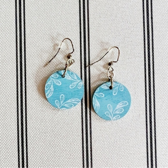 Handmade Blue Leaf Pattern Wood Earrings - Picture 1 of 1
